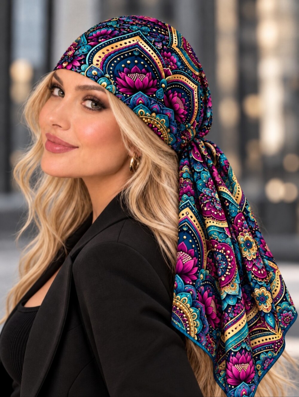 Silk-Feel Floral Mandala and Lotus Print Scarf